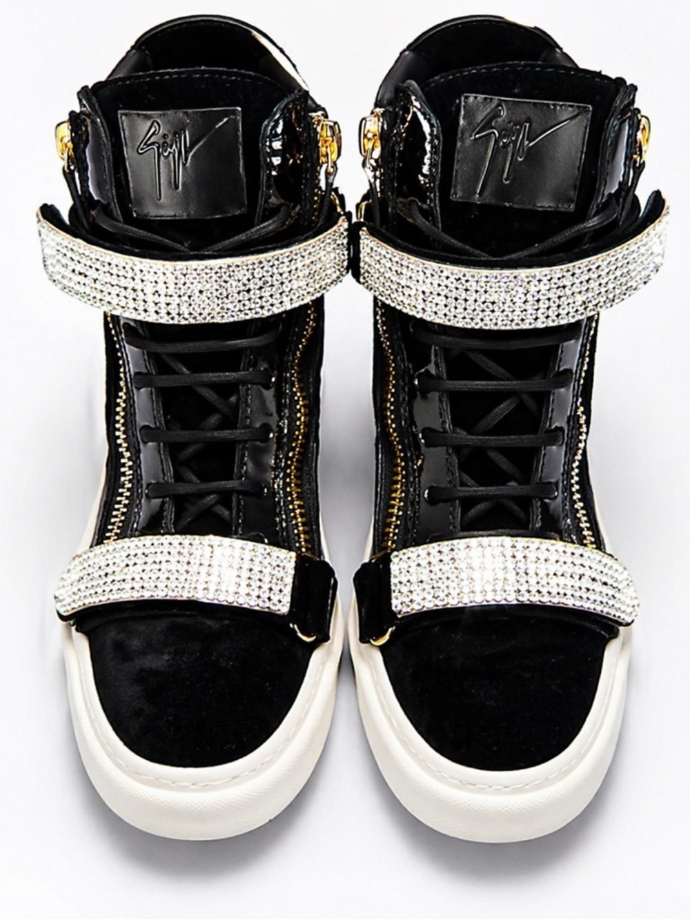Giuseppe Zanotti Crystal Strap High Top Sneakers Black Velvet Swarovski EU 39